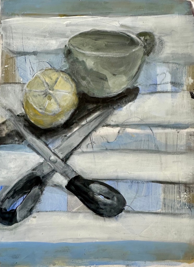 still life with scissors, stripes, and a lemon